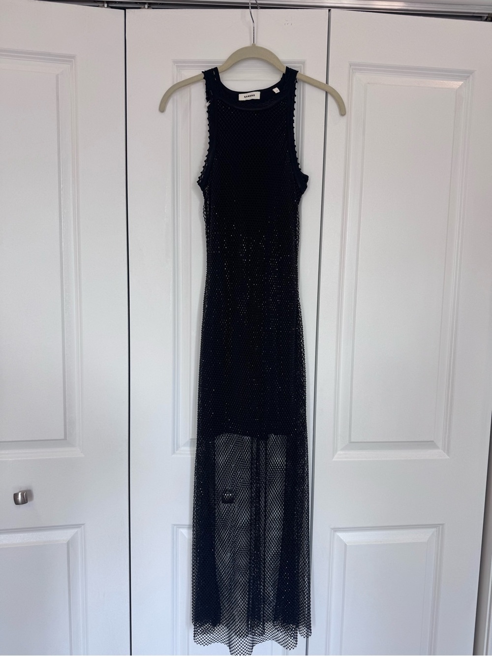 Sandro Black Sleeveless Mesh Midi Dress with Subtle Sparkle